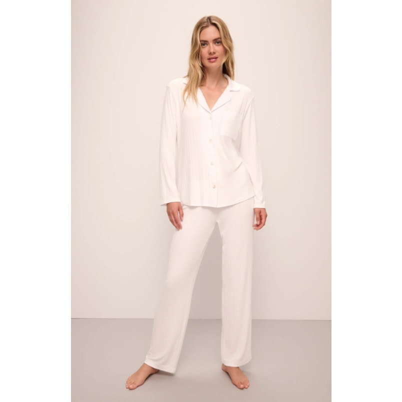 EBERJEY Women's Gisele Rib Long PJ Set Large White TENCEL Modal NWT
