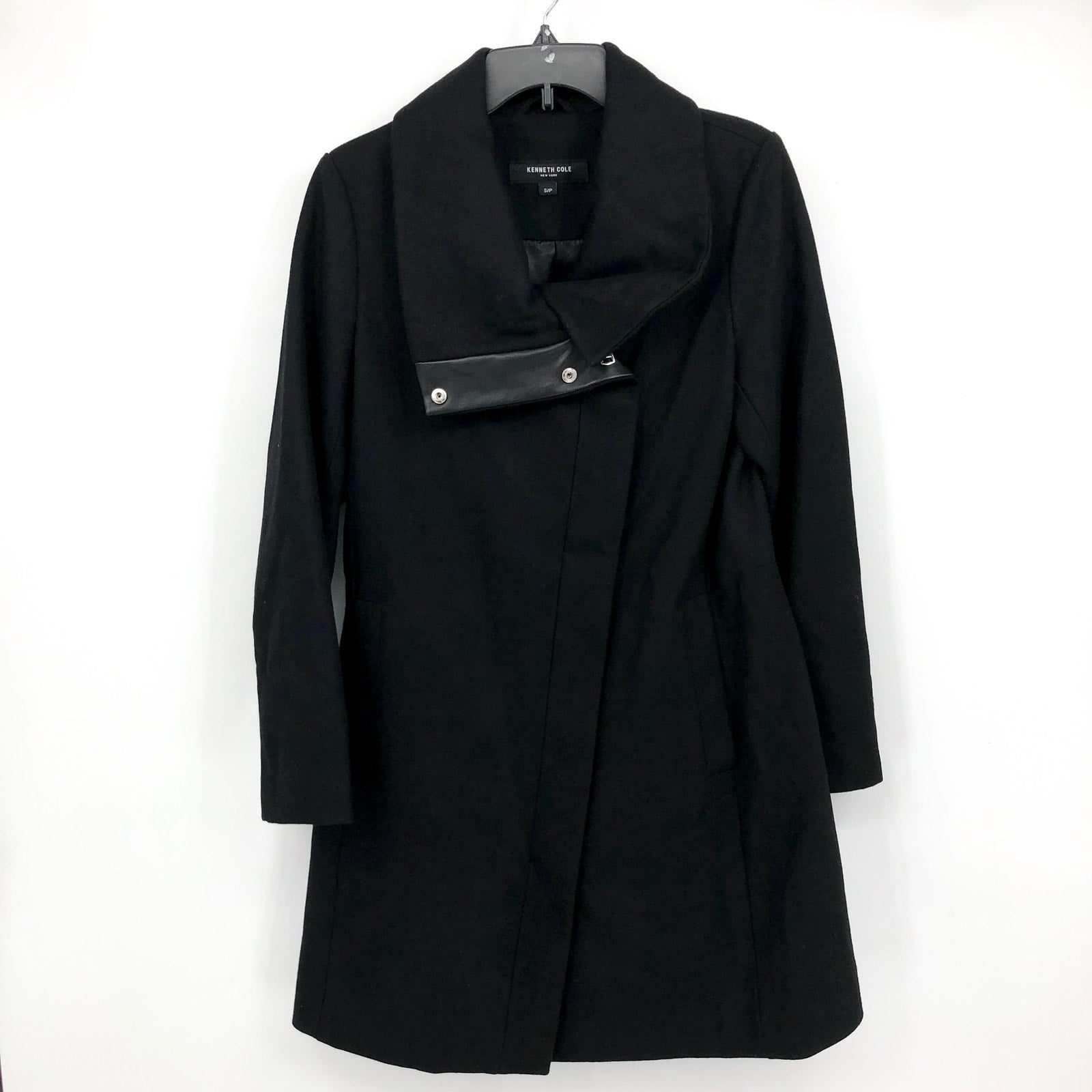 KENNETH COLE Womens Melton Wool Blend Coat Small Black Faux Leather Trim NWOT