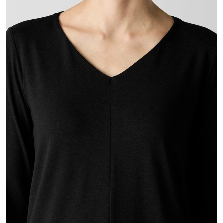 EILEEN FISHER Womens Fine Jersey Long Sleeve V-Neck Top Large Black Slim Fit NWT