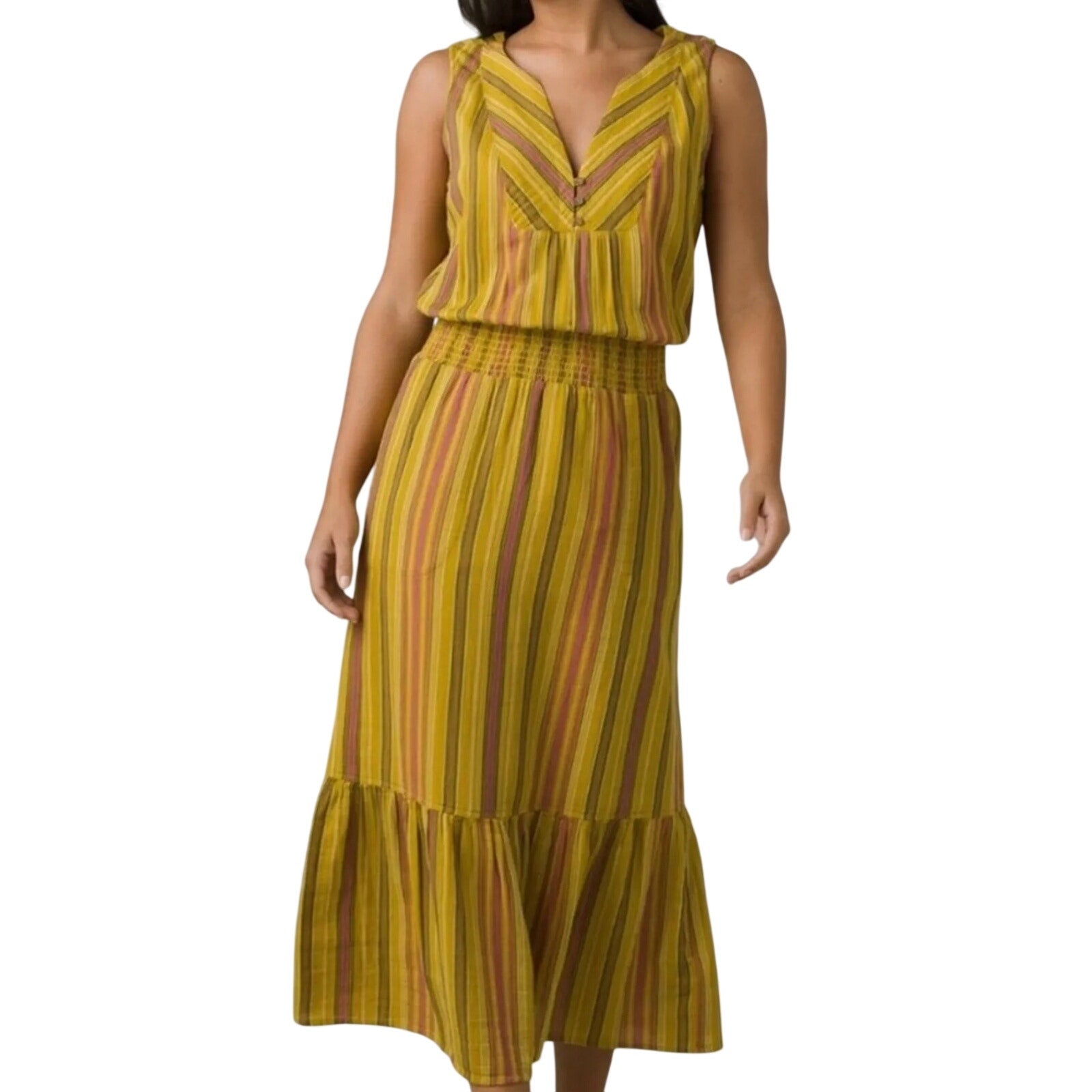 PRANA California Dreaming Midi Dress XL Yellow Stripe Sleeveless Cotton NWT