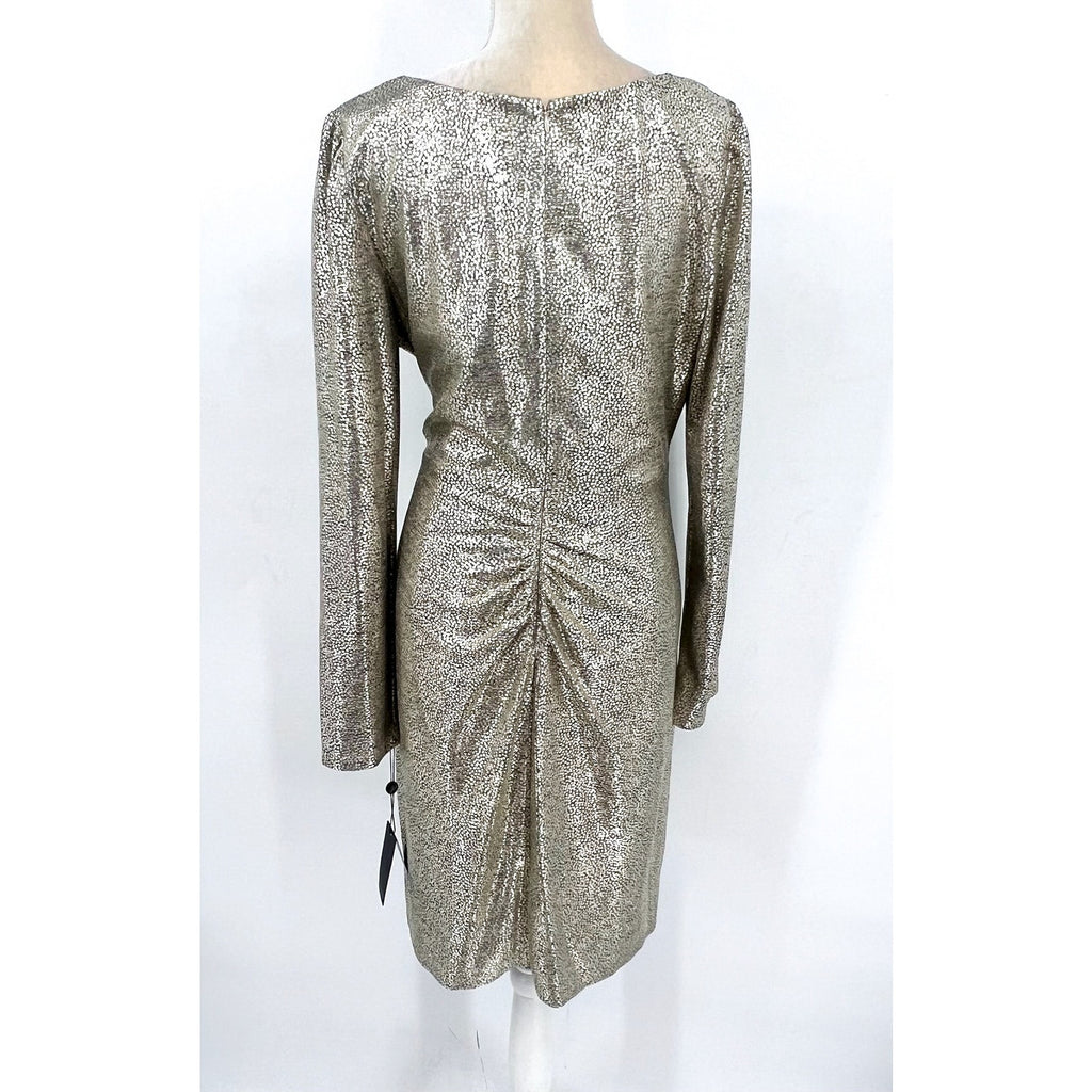 ADRIANNA PAPELL Metallic Foil Faux Wrap Dress Size 16 Light Gold Cocktail NWT