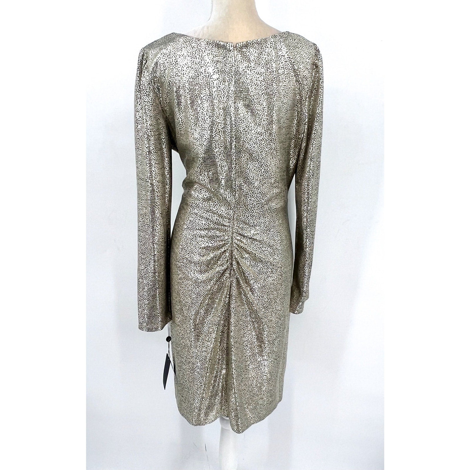 ADRIANNA PAPELL Metallic Foil Faux Wrap Dress Size 16 Light Gold Cocktail NWT