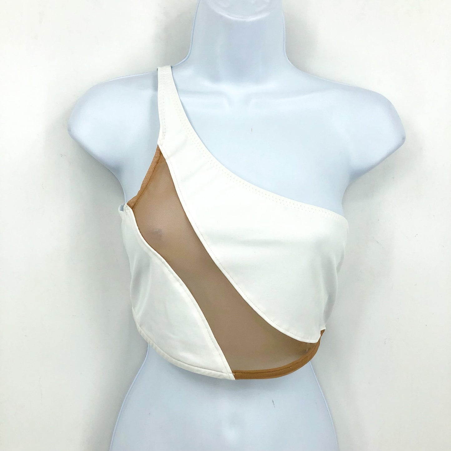 NORMA KAMALI Women's Snake Mesh Swim Bra XL White Nude One Shoulder NWT