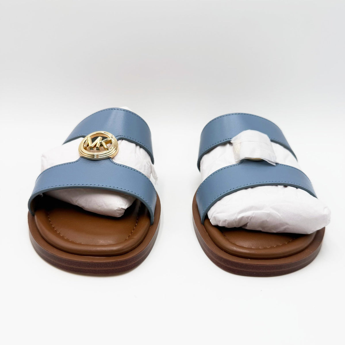 Michael Kors Womens Erin Leather Flat Sandals Size 6.5 Light Blue Chambray NIB