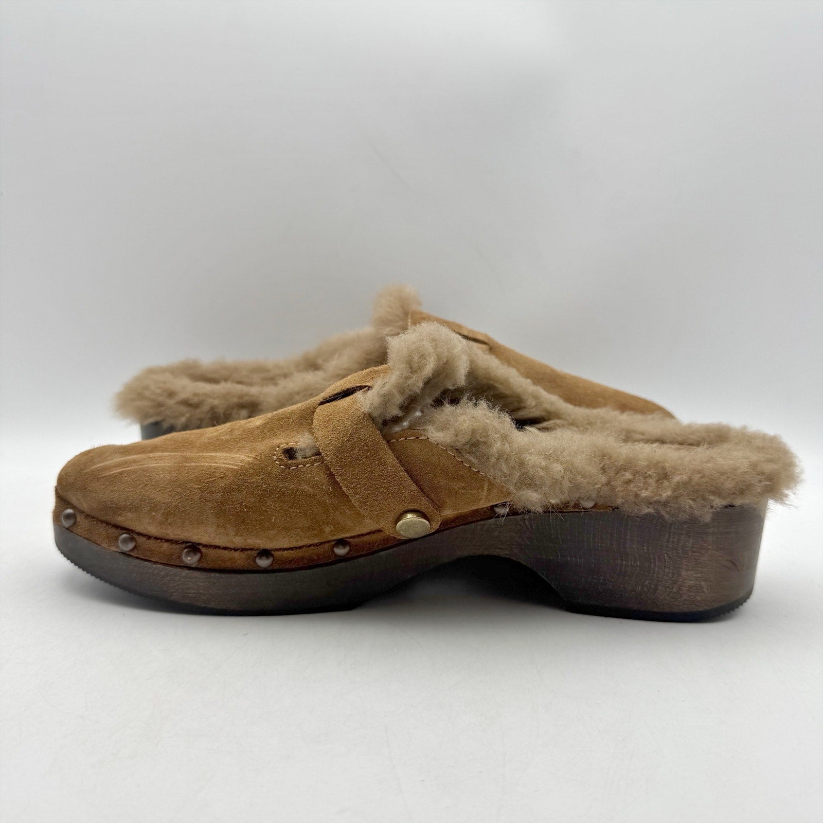 RE/DONE Womens 70s Studded Clogs EU 40 US 10 Cognac Brown Suede Shearling NWOB