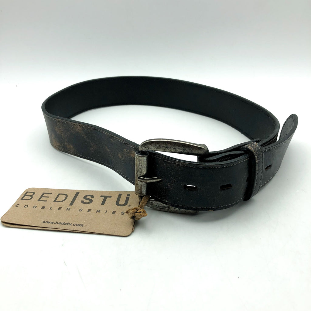 BED STU Men's Distressed Leather Meander Belt Size 28 Black Lux Metal Buckle NWT