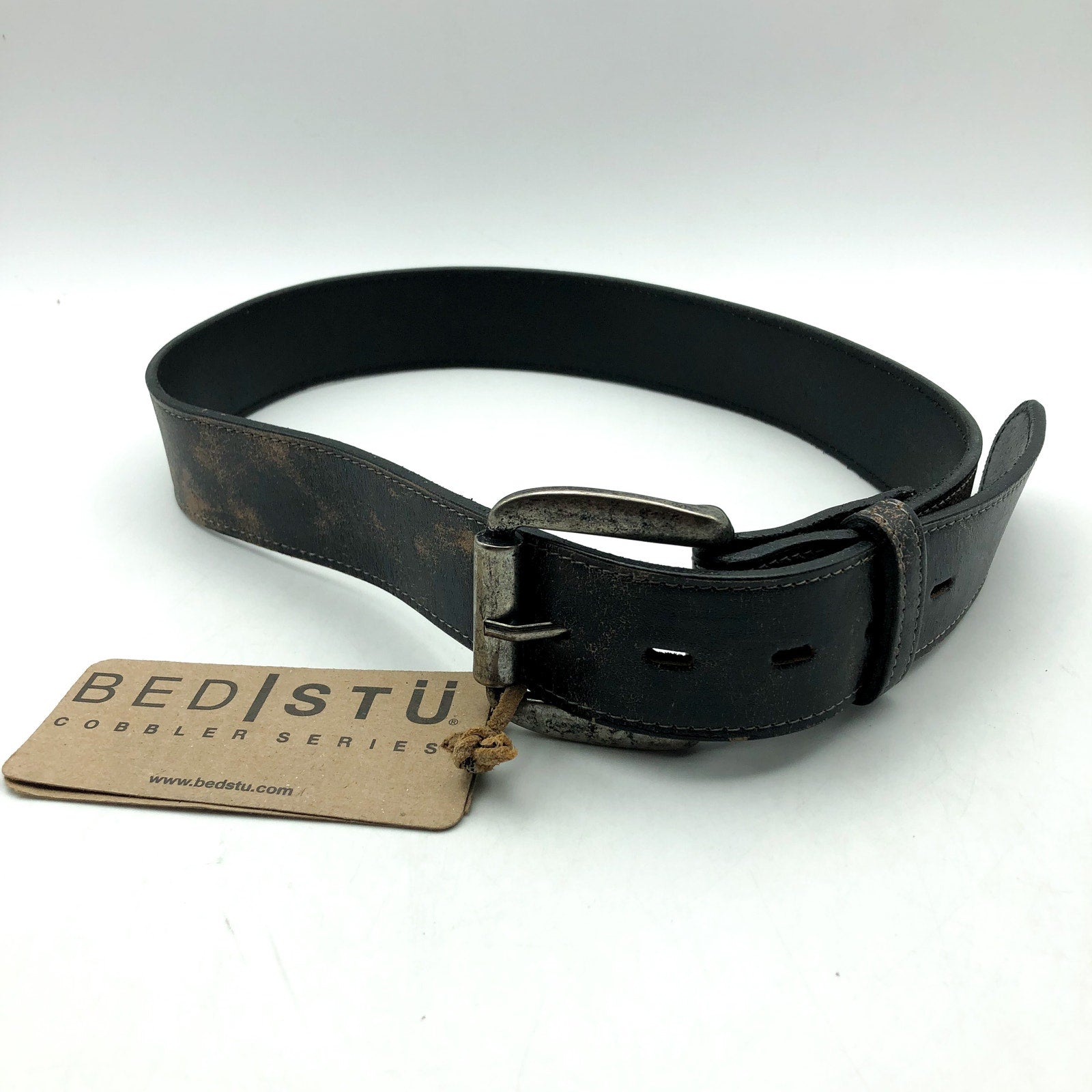 BED STU Men's Distressed Leather Meander Belt Size 28 Black Lux Metal Buckle NWT