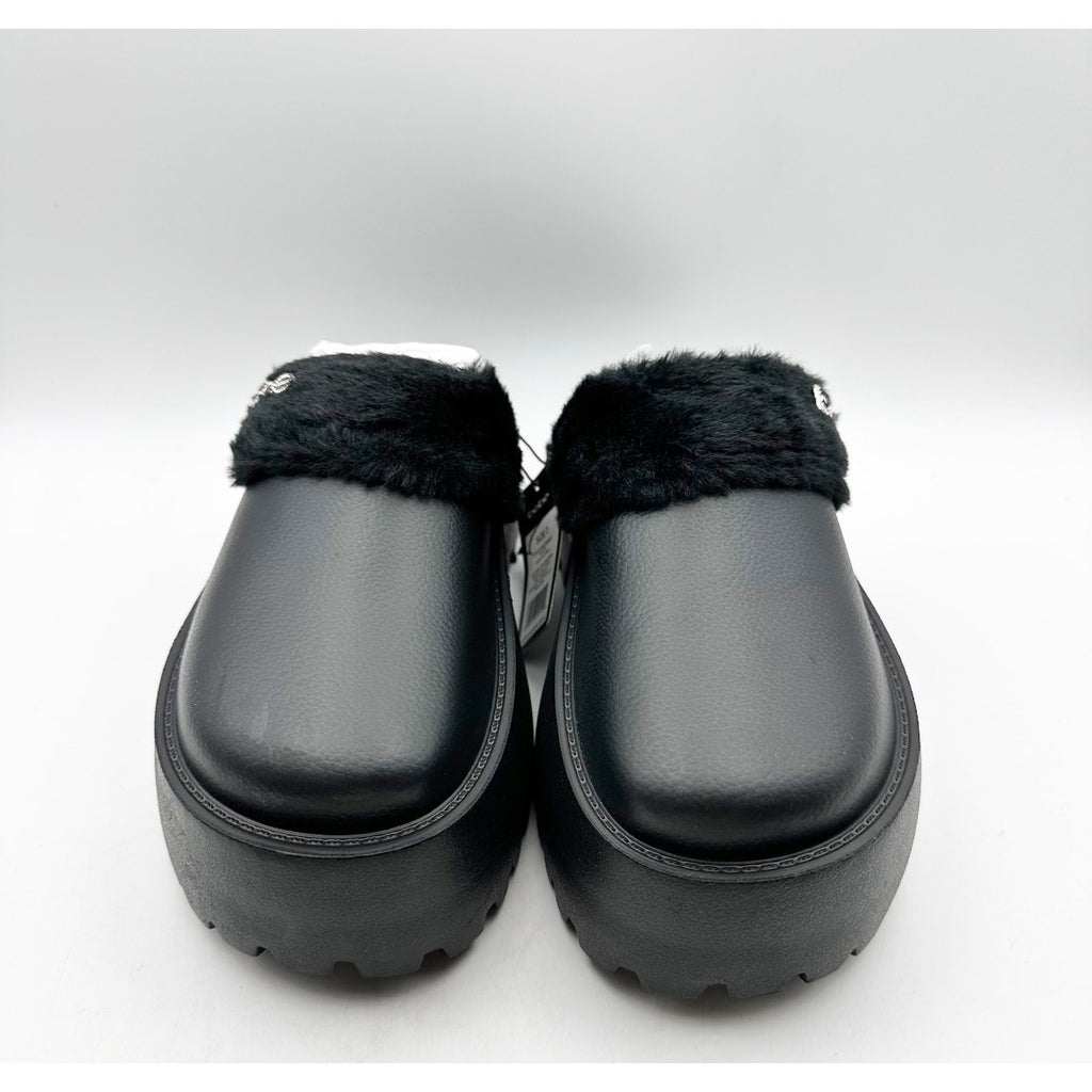 BEBE Women's Platform Slides Size 7 Black Faux Fur Collar Rhinestone Logo NWOB