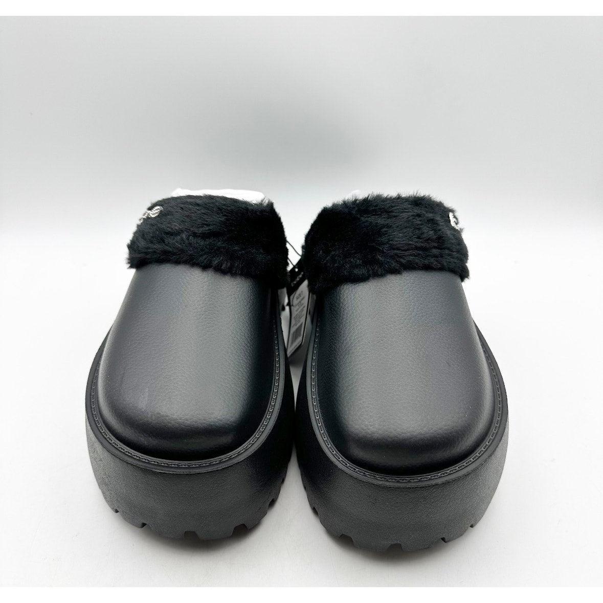 BEBE Women's Platform Slides Size 7 Black Faux Fur Collar Rhinestone Logo NWOB