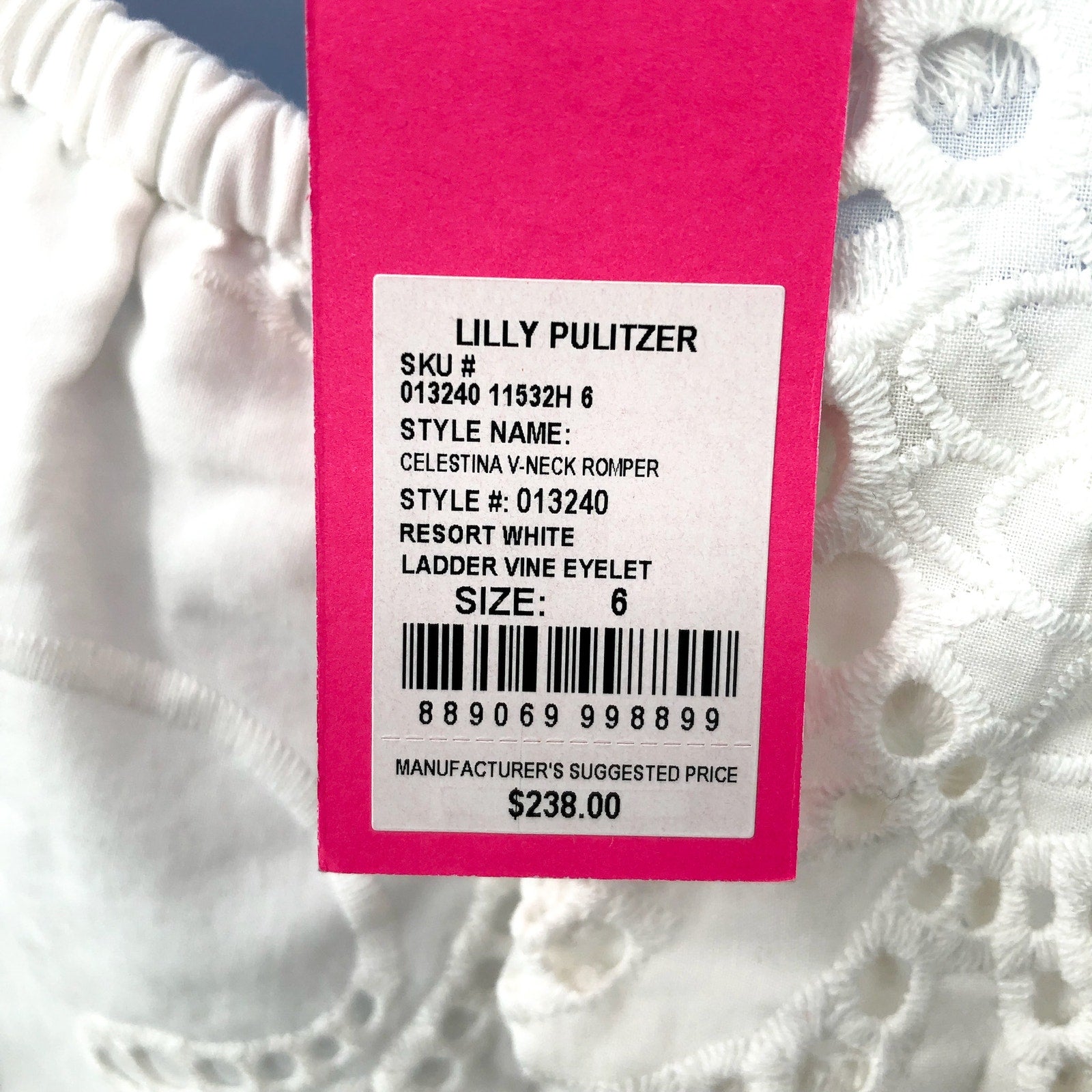 Lilly Pulitzer Women's Celestina V-Neck Romper Size 6 Resort White Eyelet NWT