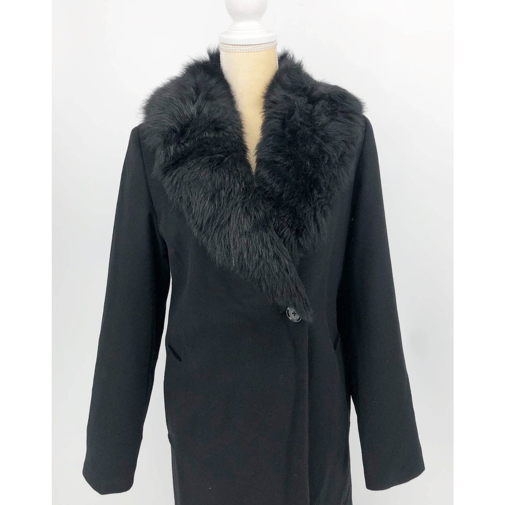 Sofia Cashmere Women Long Full Length Coat 6 Black Fur Collar Wool Cashmere NWOT