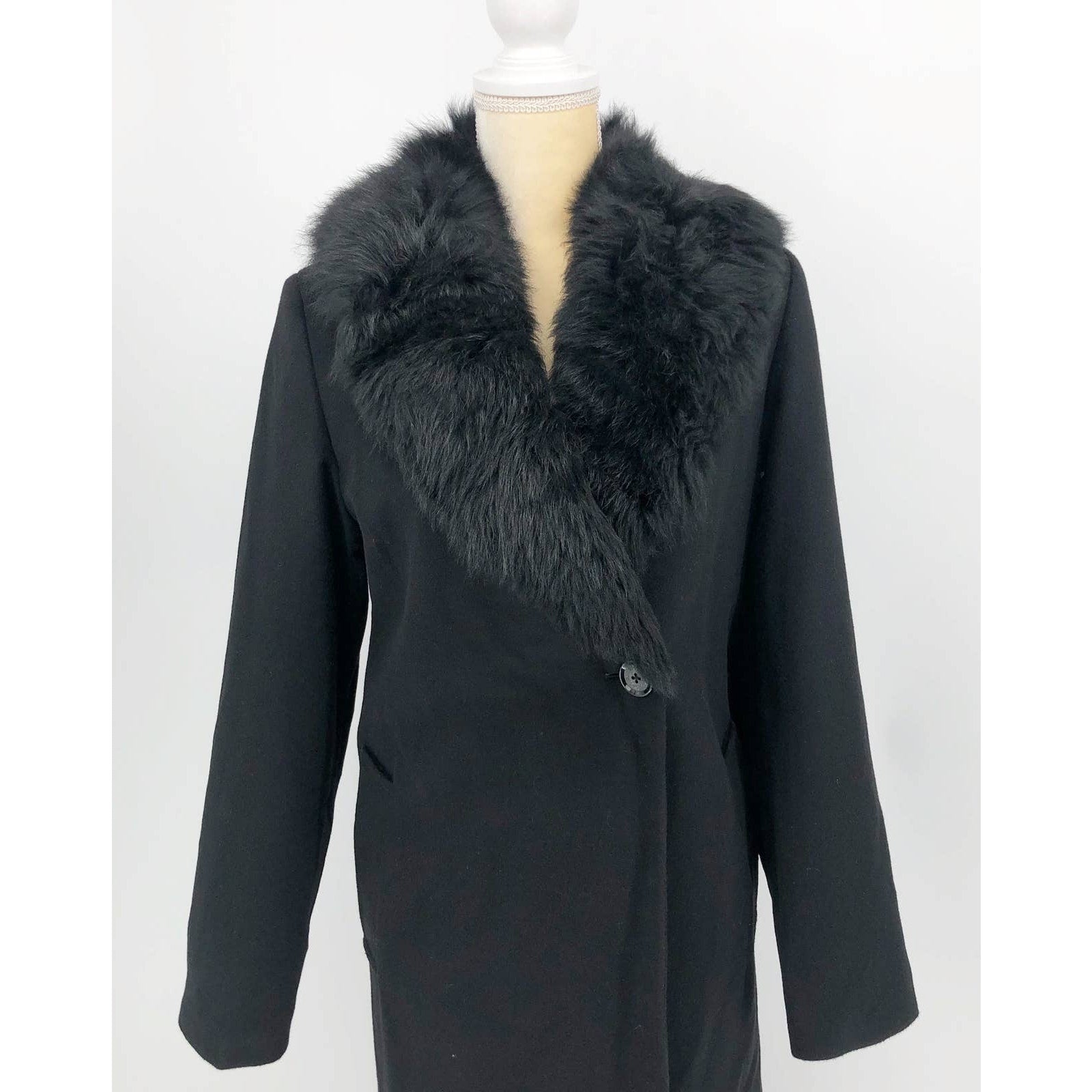 Sofia Cashmere Women Long Full Length Coat 6 Black Fur Collar Wool Cashmere NWOT