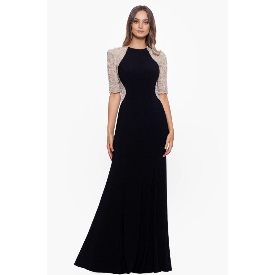 XSCAPE Women's Elis Long Jersey Knit Dress Size 8 Black Silver Illusion NWT