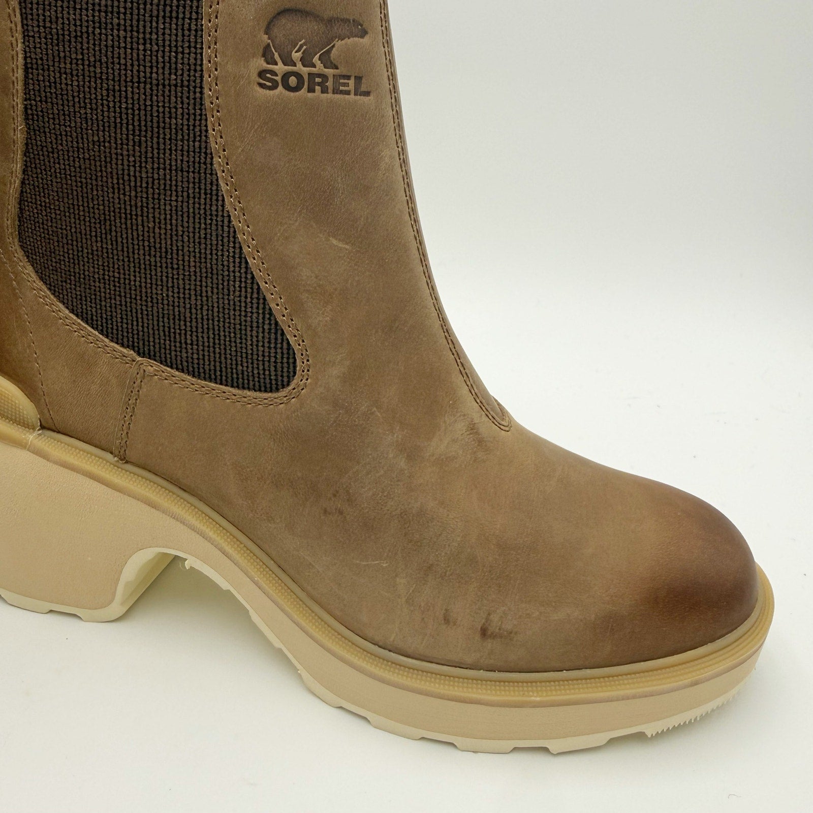 Sorel Womens Hi-Line Heel Chelsea Boot US 8 Taupe Tan Leather Waterproof NIB