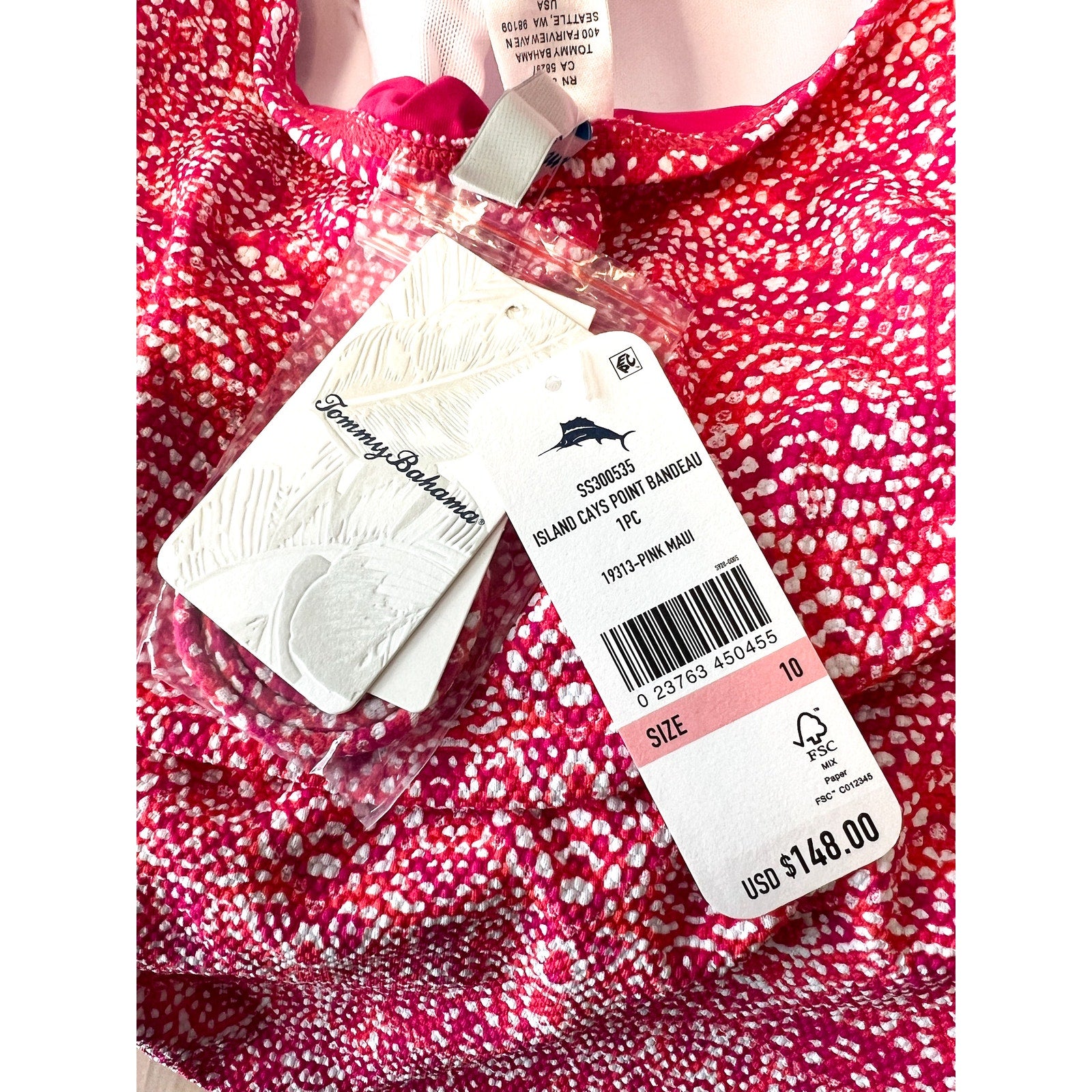 TOMMY BAHAMA Island Cays Point Bandeau One Piece Swimsuit Size 10 Pink Maui NWT