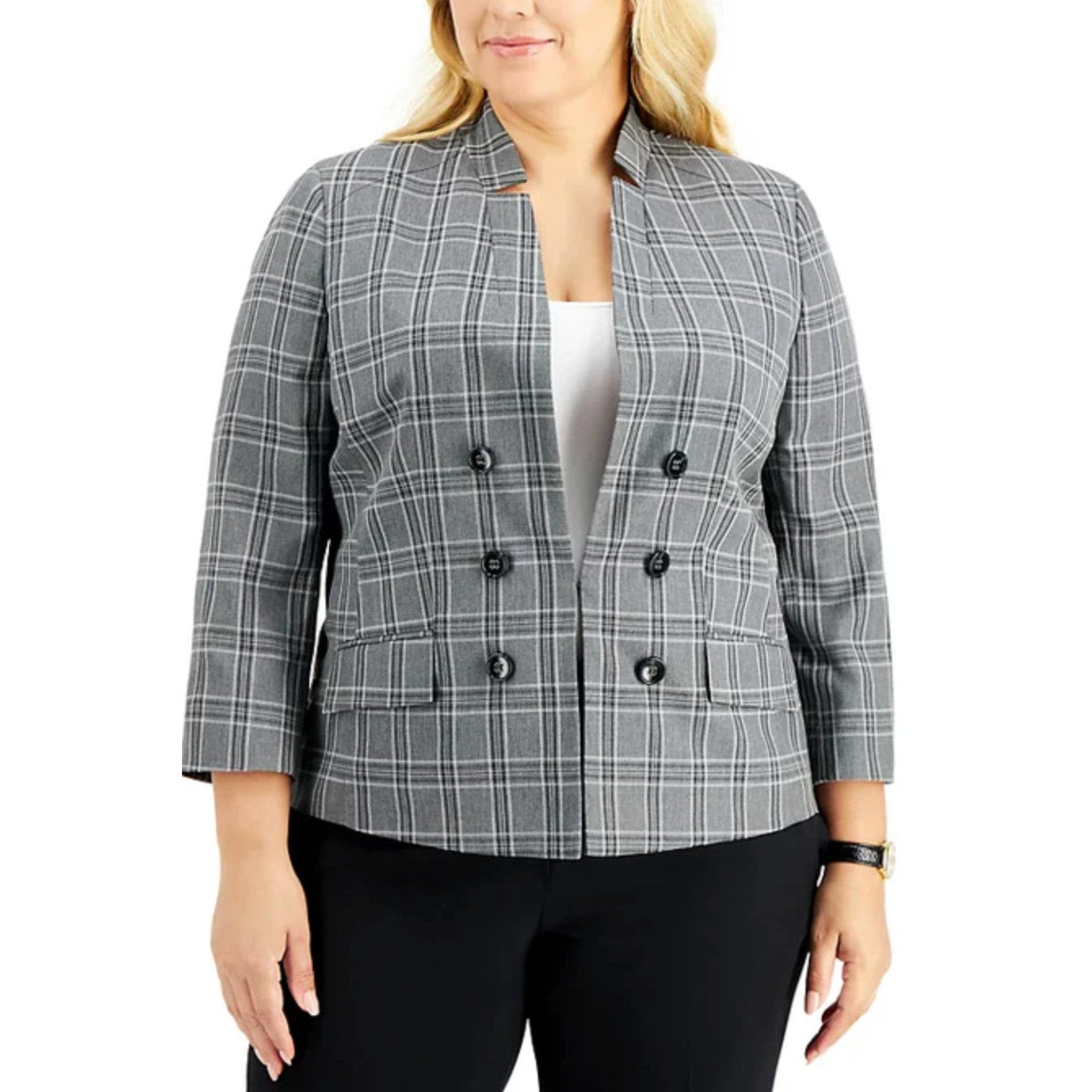 LE SUIT Womens Windowpane Plaid Suit Jacket SIZE 16 Grey Black Button Blazer NWT