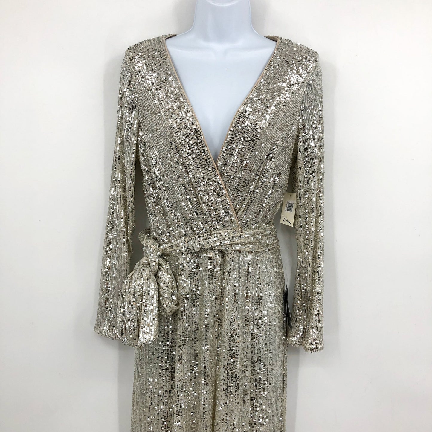ELIZA J Women's Long Sleeve Sequin Wrap Jumpsuit Size 10 Ivory/White V Neck NWT