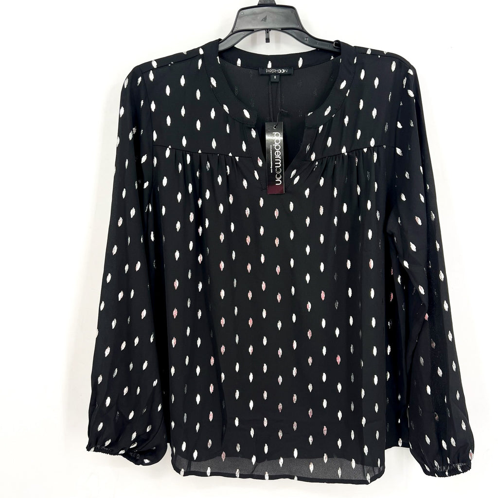 STITCH FIX - PAPERMOON Womens V Neck Blouse Small Black Silver Print NWT