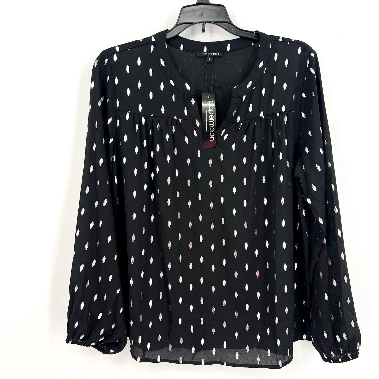 STITCH FIX - PAPERMOON Womens V Neck Blouse Small Black Silver Print NWT