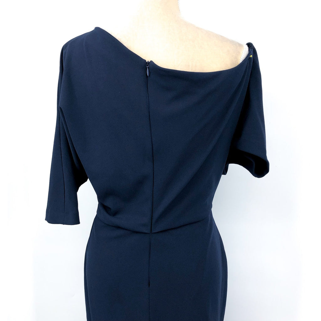 BETSY & ADAM Asymmetrical Scuba Crepe Dress Size 12 Navy Blue A25025 NWT