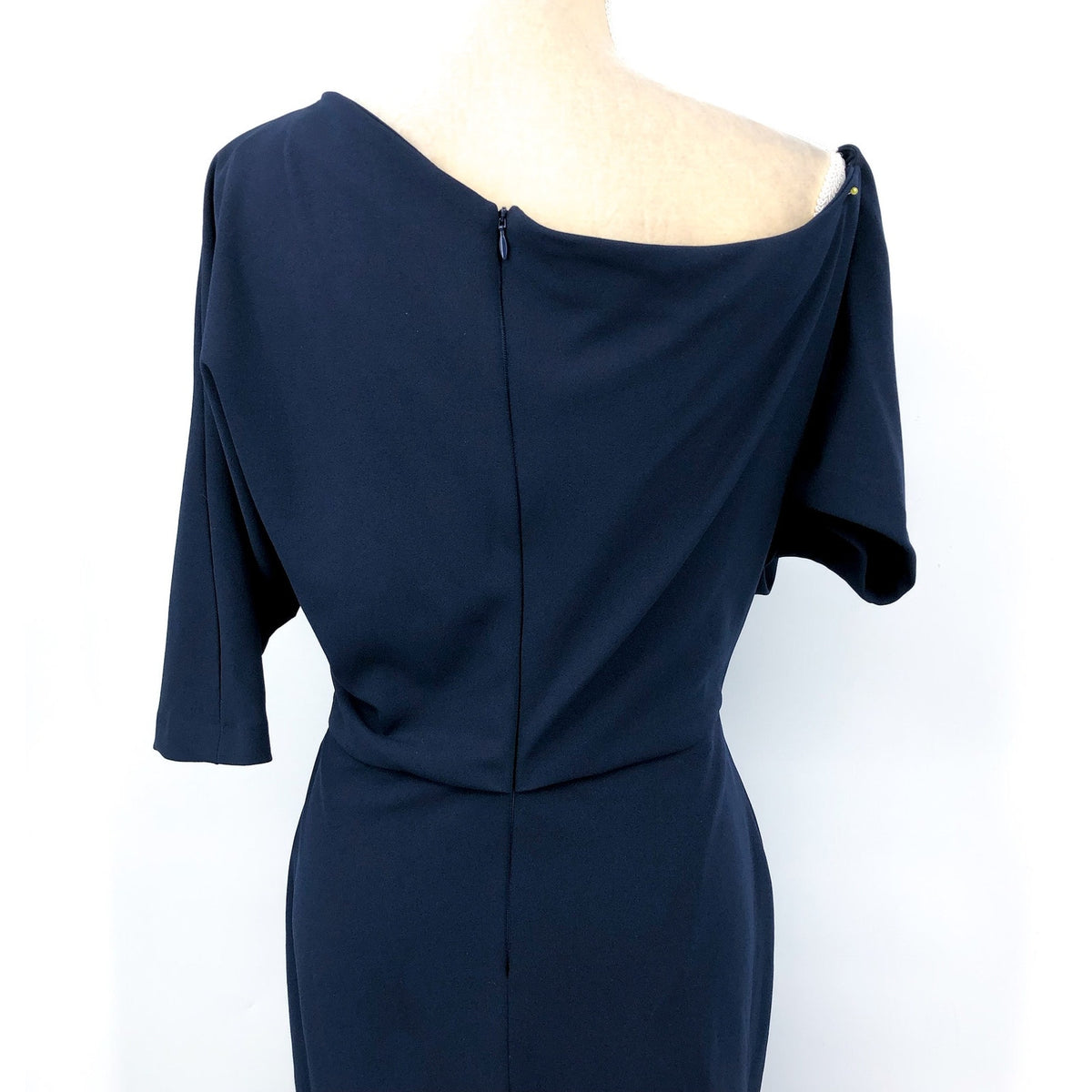 BETSY & ADAM Asymmetrical Scuba Crepe Dress Size 12 Navy Blue A25025 NWT