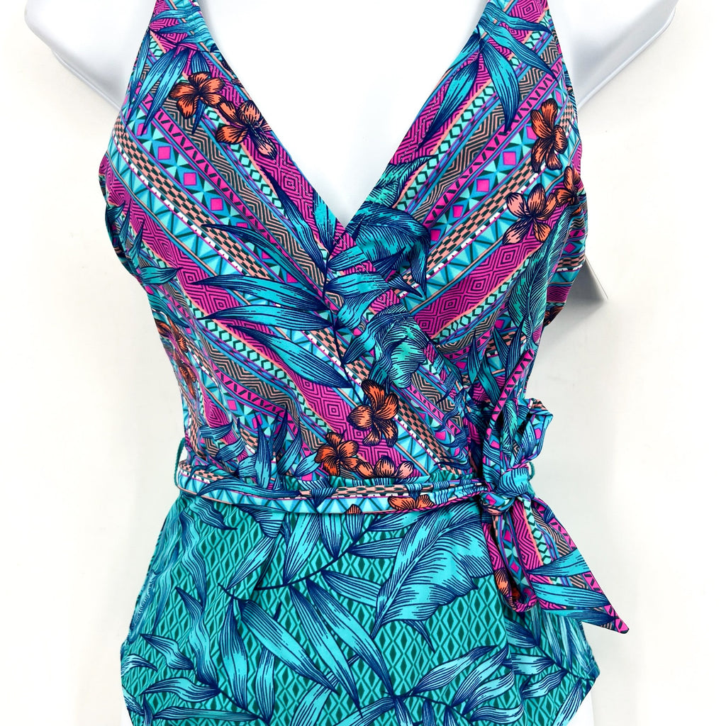 SKINNY DIPPERS Mojito Kiss Kiss Wrap One Piece Swimsuit Medium Blue Malibu NWT