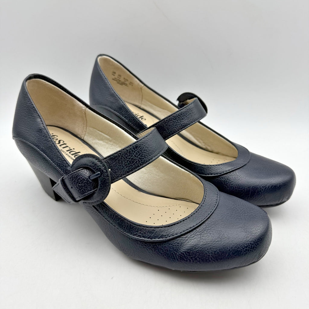 LifeStride Womens Rozz Mary Janes Heels Size 7 WIDE Navy Blue Vegan Leather NIB