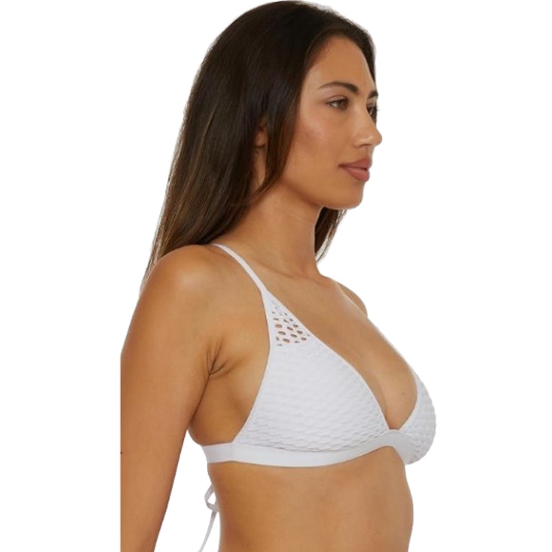 BECCA Women's Castaway Halter Bikini Top Small White Fishnet NWOT