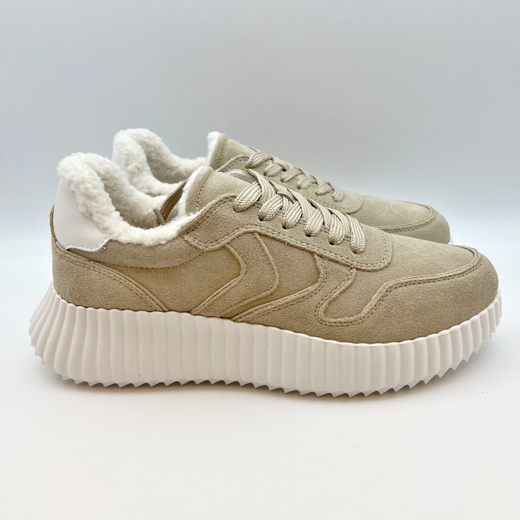 Steve Madden Womens Shereen-Fur Lined Sneakers Size 8.5 M Tan Taupe Suede NIB