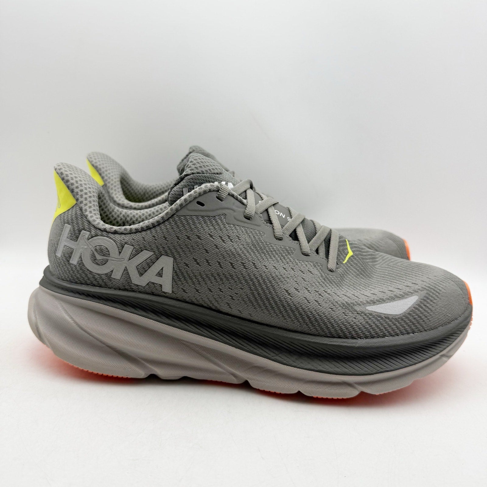 Hoka Mens Clifton 9 GTX Running Sneakers US 10 D Grey Orange WP Athletic NWOB