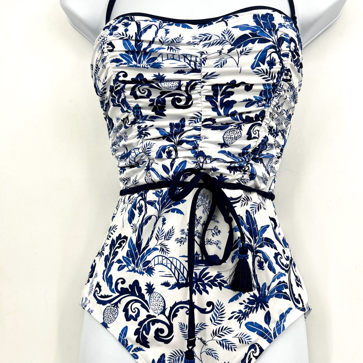 TOMMY BAHAMA Terrazzo Tile Bandeau One Piece Swimsuit Size 8 Blue Floral NWT