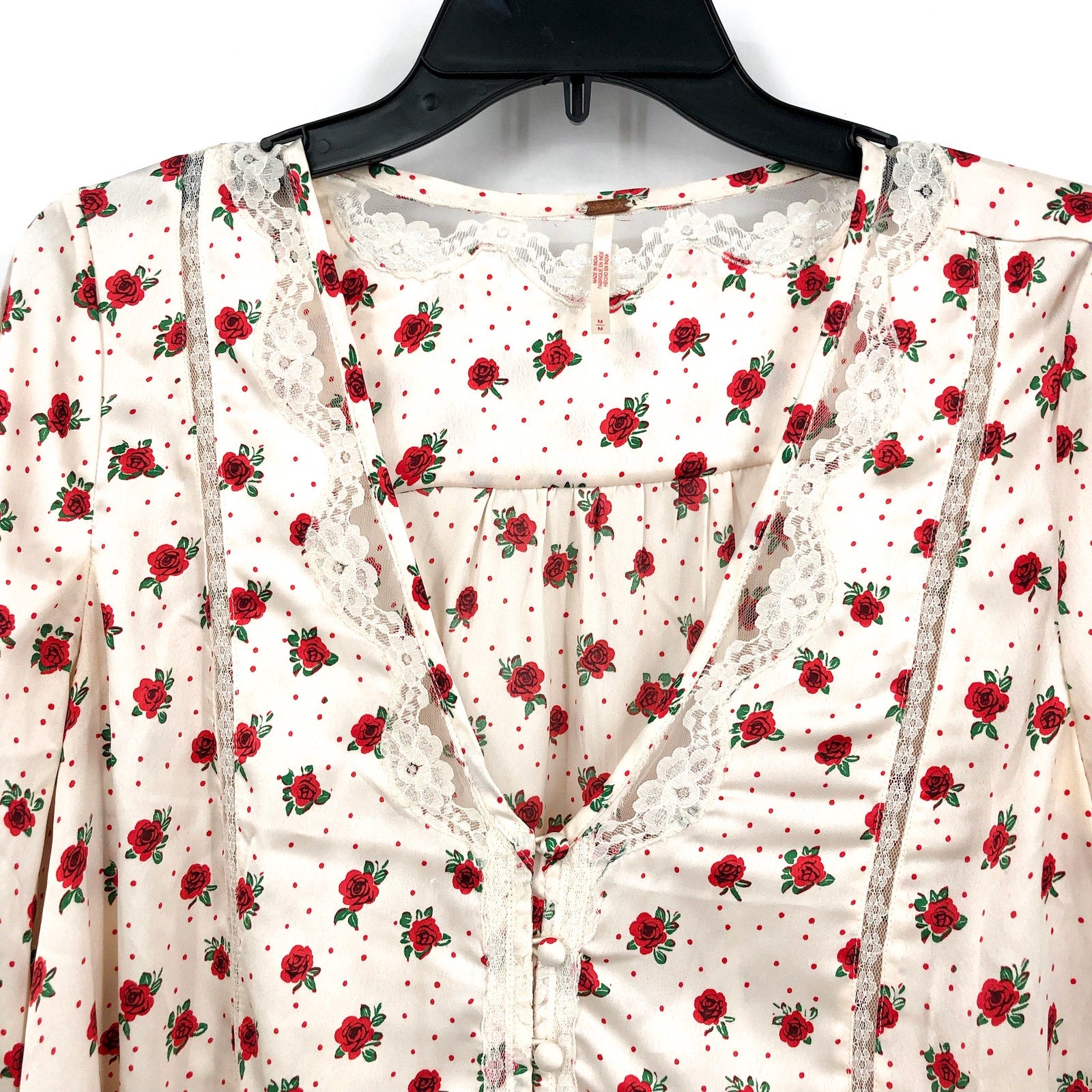 FREE PEOPLE Women's Field of Roses Top Medium Cream Red Long Sleeve NWOT