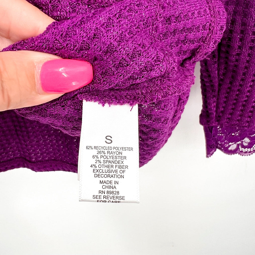 LOGO LORI GOLDSTEIN Metallic Waffle Knit Top Small Purple Long Sleeve NWOT