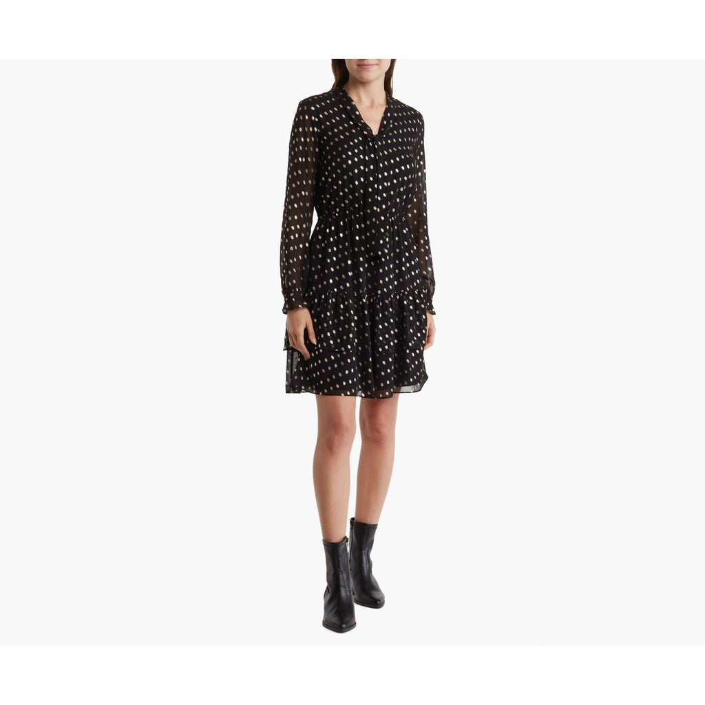 NANETTE LEPORE Metallic Dot Dress Size 2 Black Gold Chiffon Ruffle Neck NWT