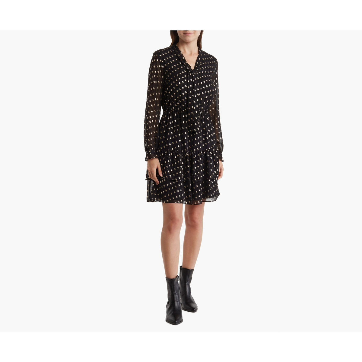 NANETTE LEPORE Metallic Dot Dress Size 2 Black Gold Chiffon Ruffle Neck NWT