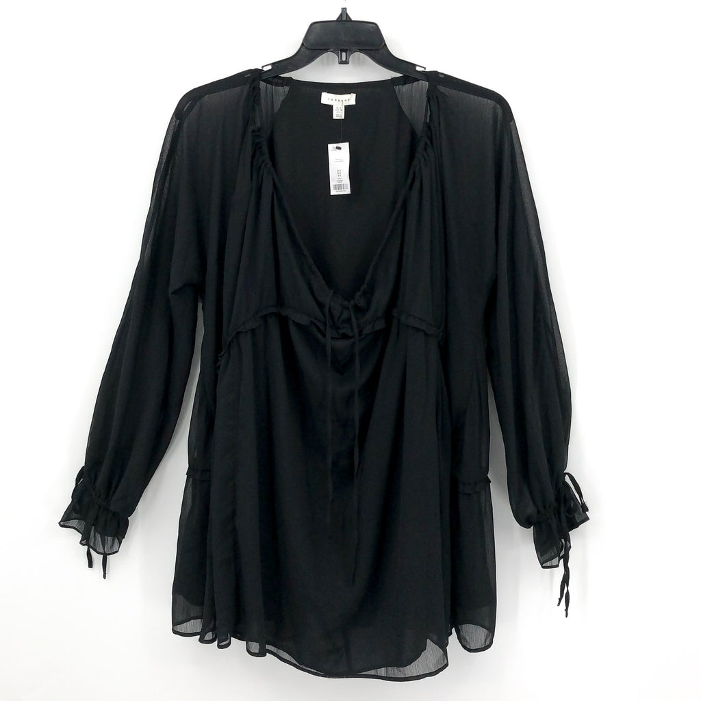 TOPSHOP Women's Cut Out Chuck On Mini Dress Size 6 Black Tie Neck Chiffon NWT