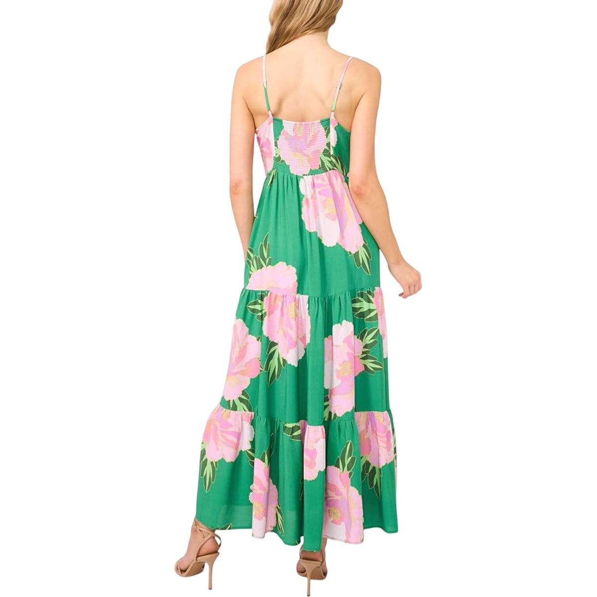 CECE Ruffle-Front Tiered Floral Maxi Dress Large Green Peony Blossom NWT