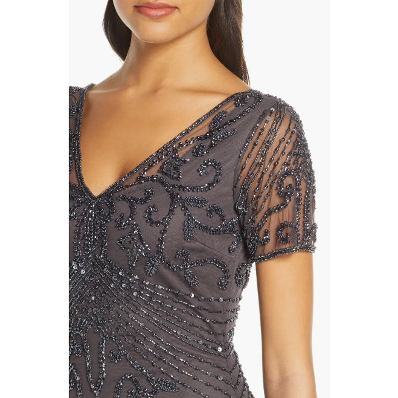PISARRO NIGHTS Women's Beaded Mesh Column Gown Size 12 Gray Short Sleeve NWT