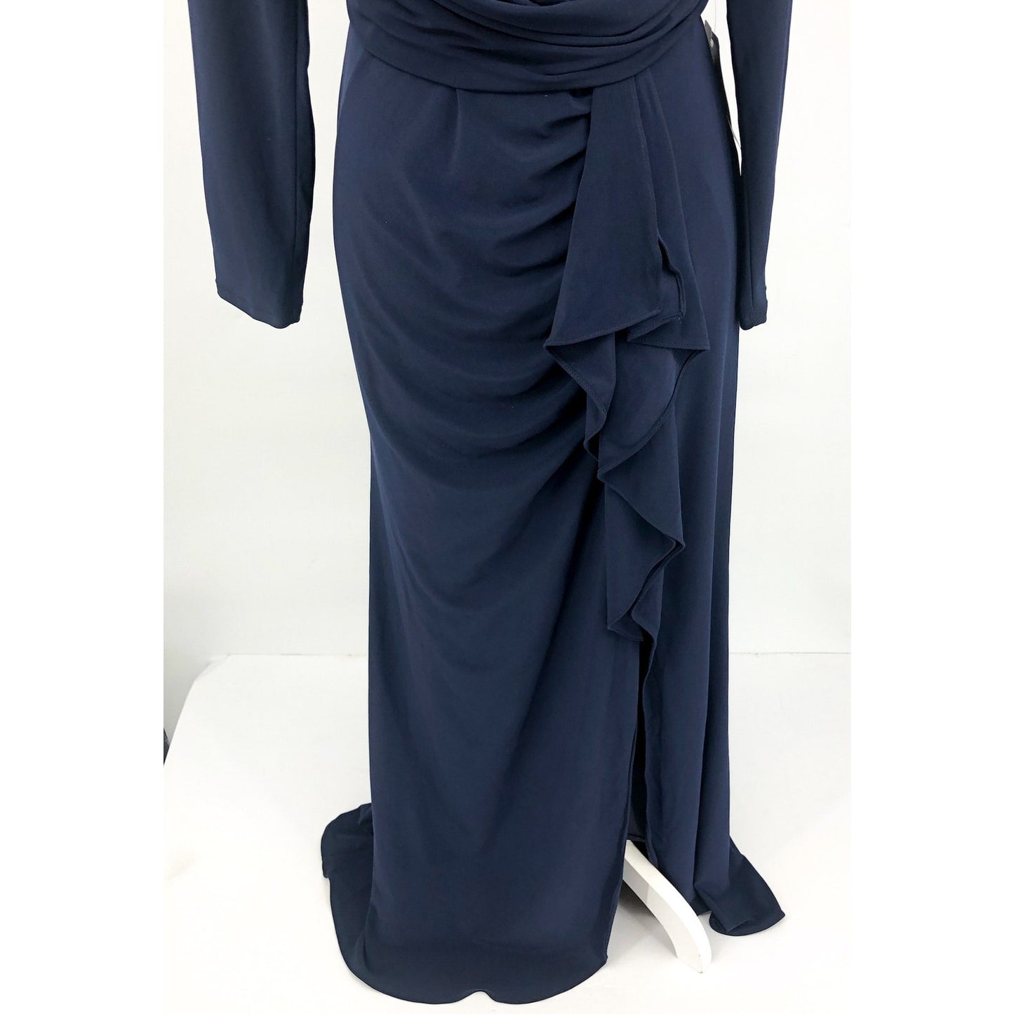 BETSY & ADAM Elle Gown Size 12 Navy Blue Long Sleeve Side Ruffled Slit NWT