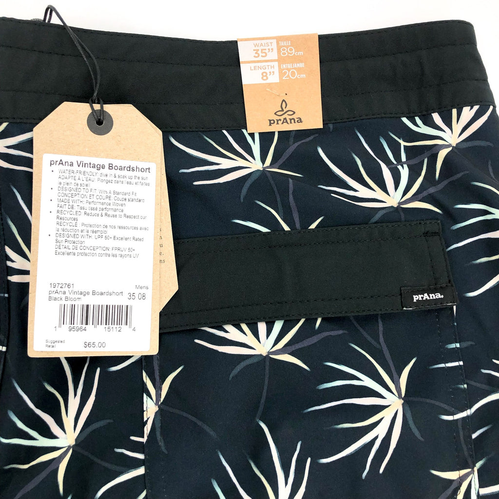 PRANA Men's Vintage Boardshort Large 35 Black Bloom 8" Inseam Drawstring NWT