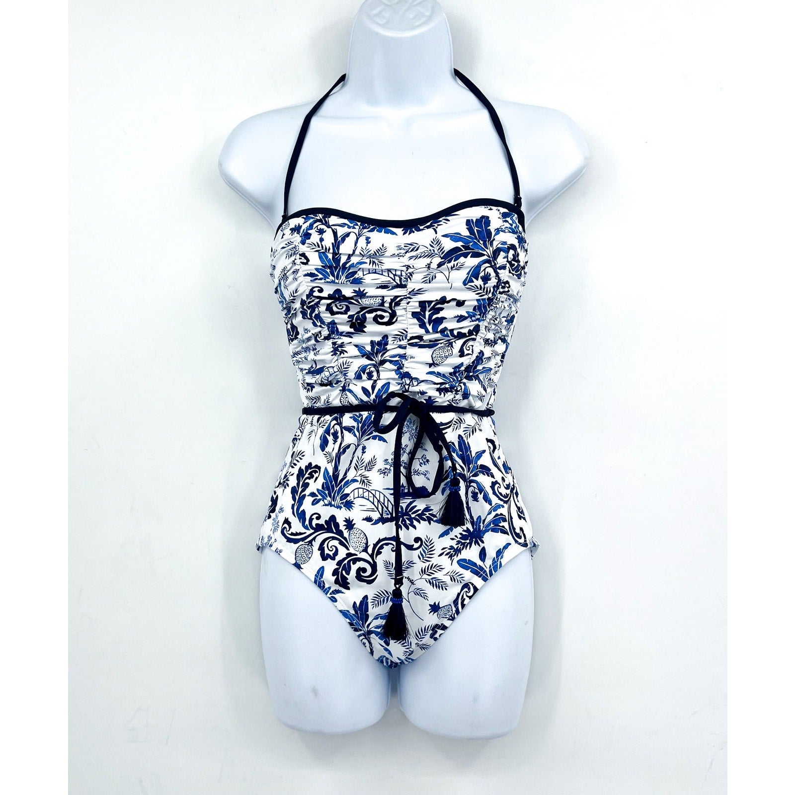 TOMMY BAHAMA Terrazzo Tile Bandeau One Piece Swimsuit Size 6 Blue Floral NWT