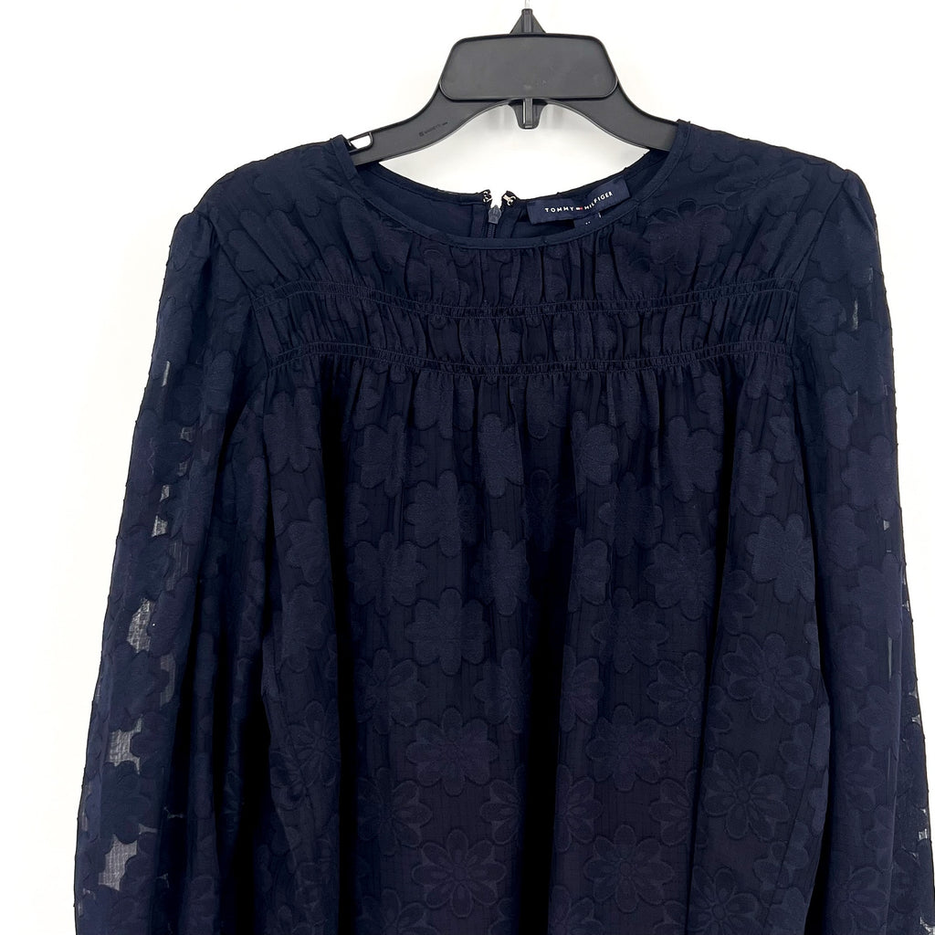 TOMMY HILFIGER Women's Popover Floral Blouse Medium Navy Blue Long Sleeve NWT