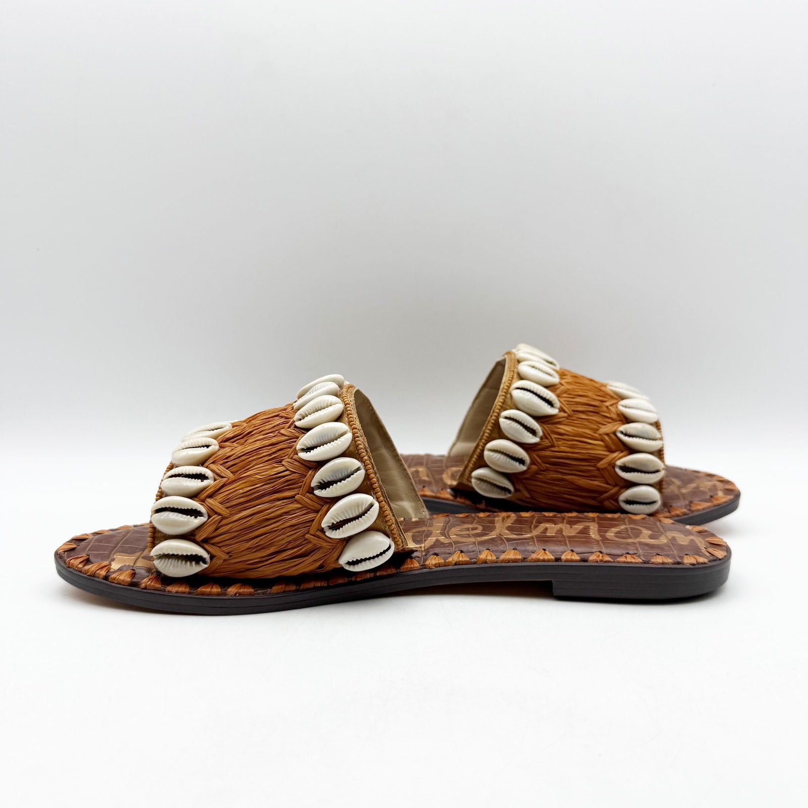 Sam Edelman Womens Gale Sandals US 7.5 M Cognac Tan Seashell Detail Slip On NIB