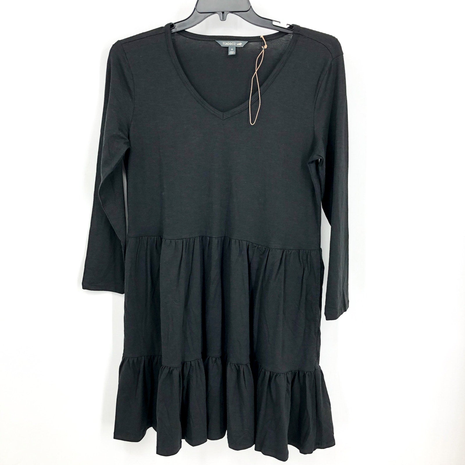 TOAD&CO Womens Marley Tiered Dress Medium Black V Neck Long-Sleeve NWOT