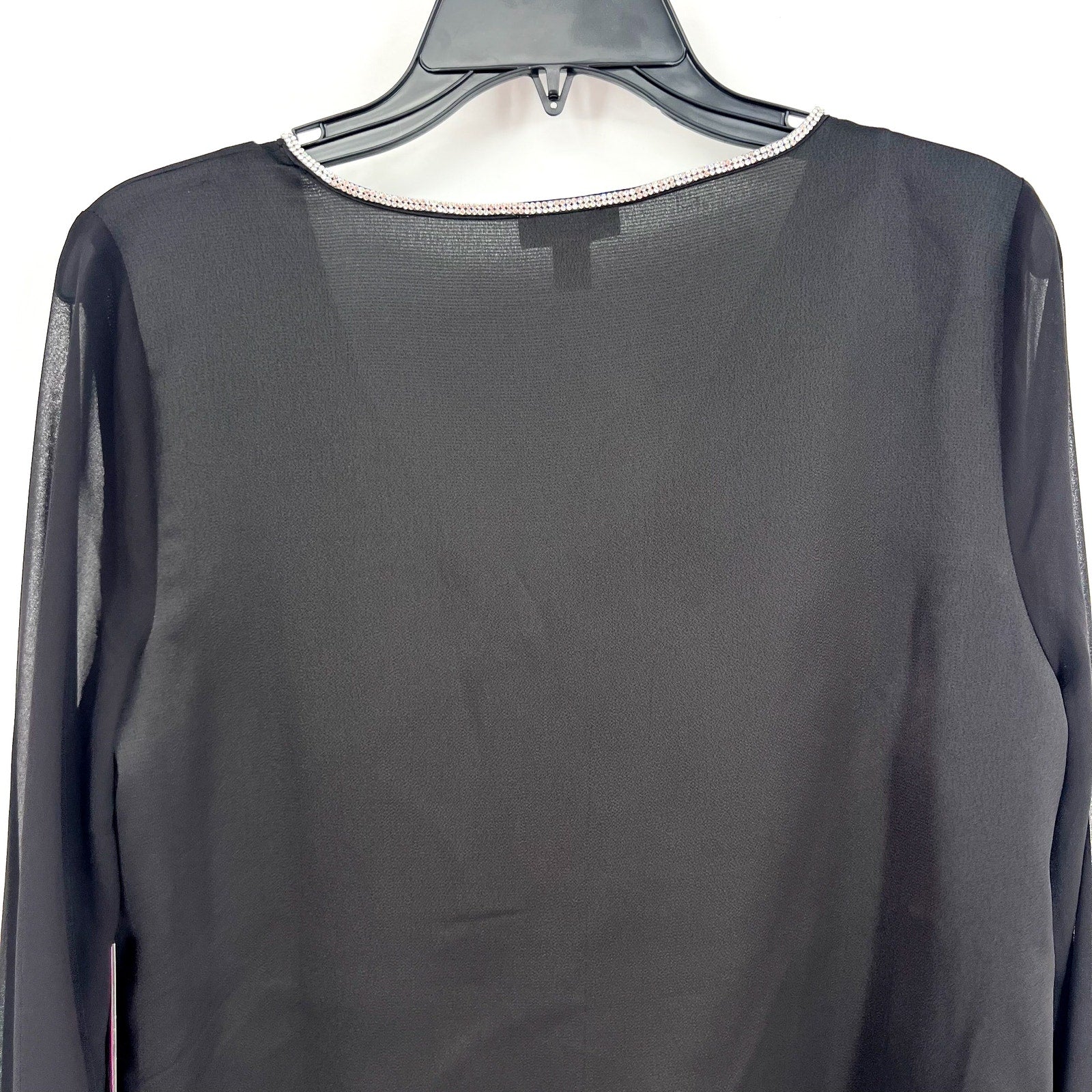 VINCE CAMUTO Womens Rhinestone-Trim Top Small Black V Neck Sheer Long Sleeve NWT