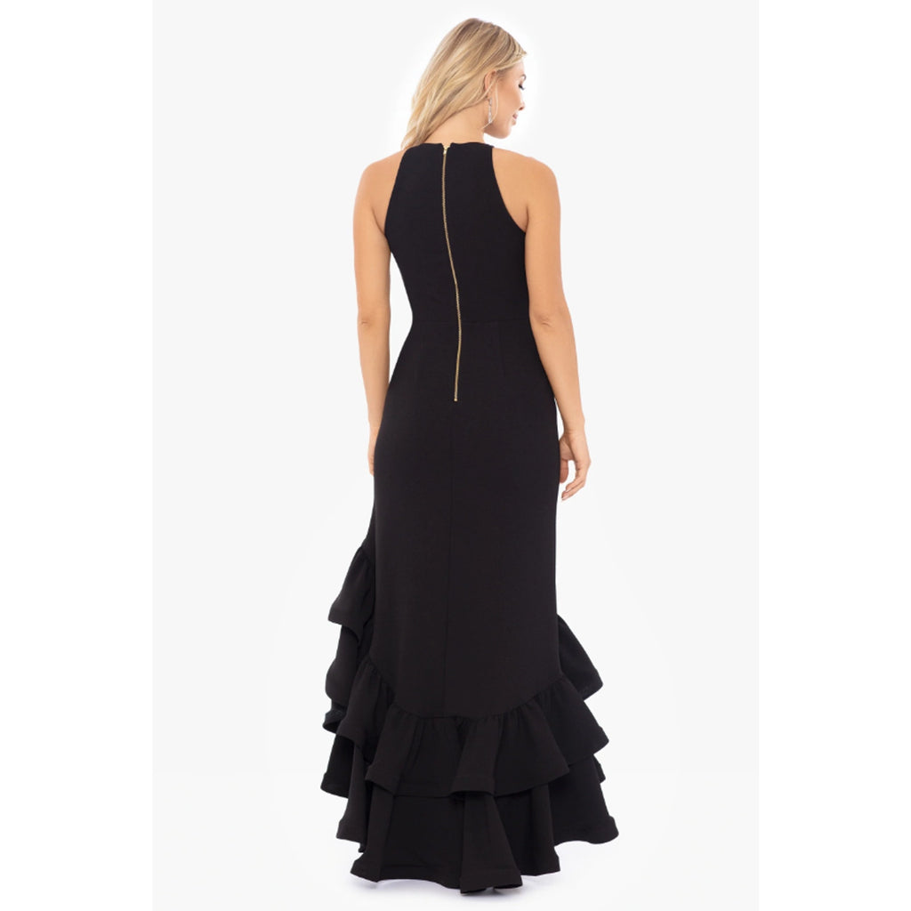 BETSY & ADAM Womens Arielle Scuba Crepe Ruffle Slit Gown 12 Black Sleeveless NWT