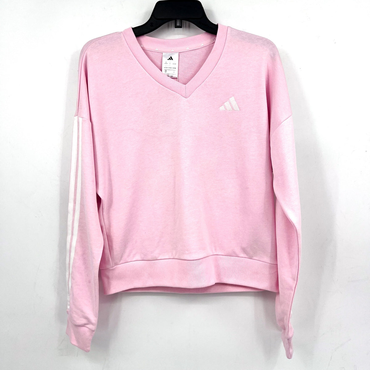 ADIDAS Womens Essentials 3 Stripes V-Neck Sweatshirt Small Pink White NWT