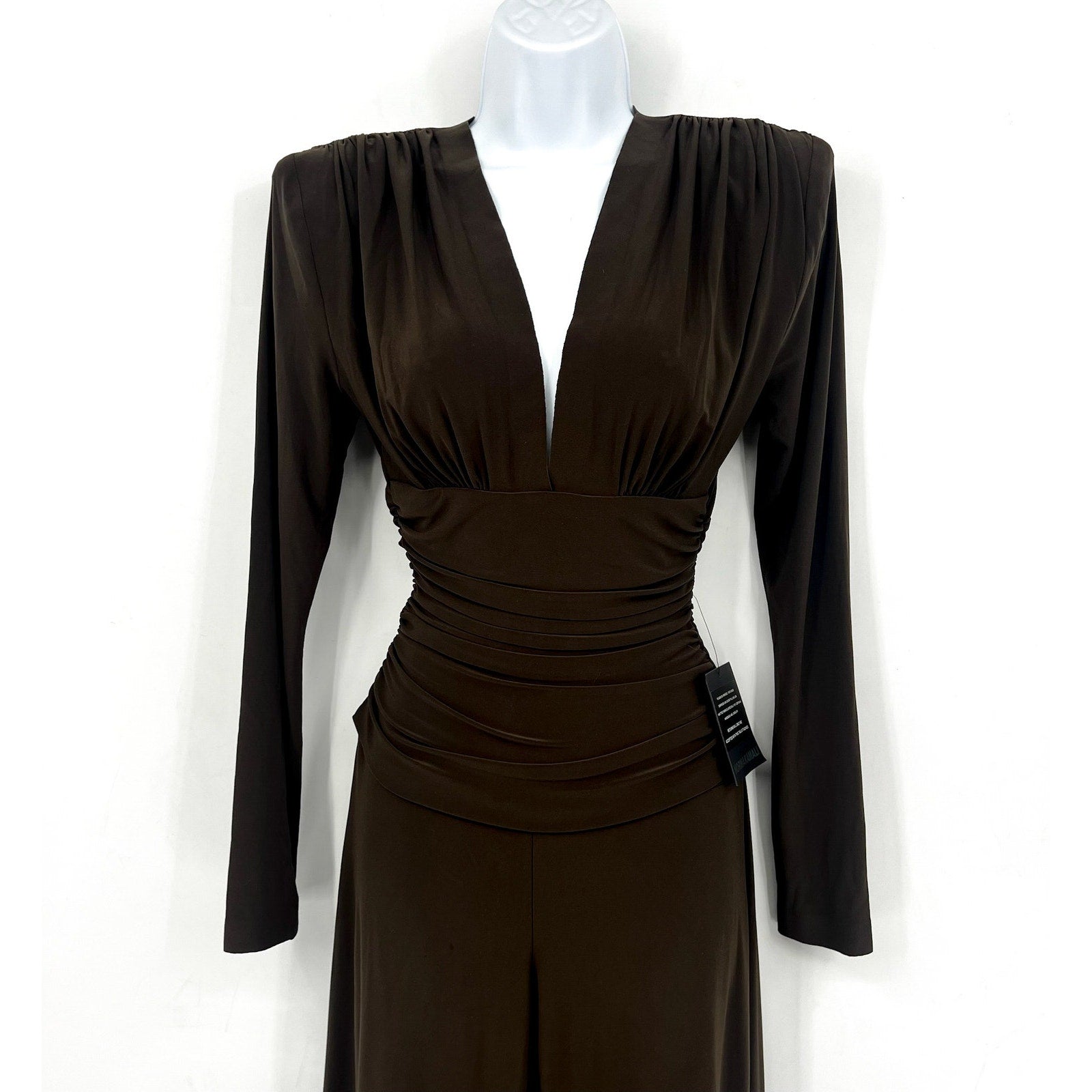 Norma Kamali V-Neck Shirred Waist Jumpsuit XS/34 Chocolate Brown Long Sleeve NWT