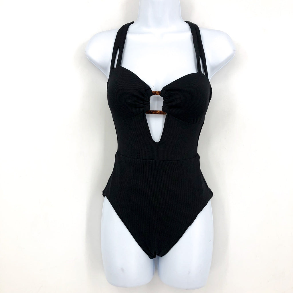 BECCA Women's Modern Edge One Piece Swimsuit Small Black Square Buckle NWOT