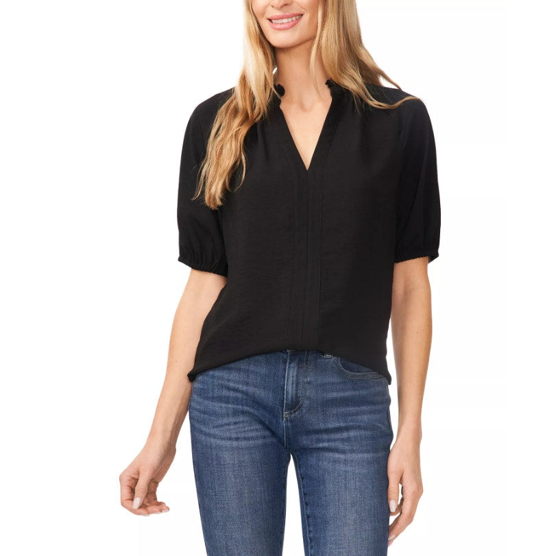 CECE Women's Ruffle Neck Blouse Top Medium Rich Black Raglan Split Seam NWT